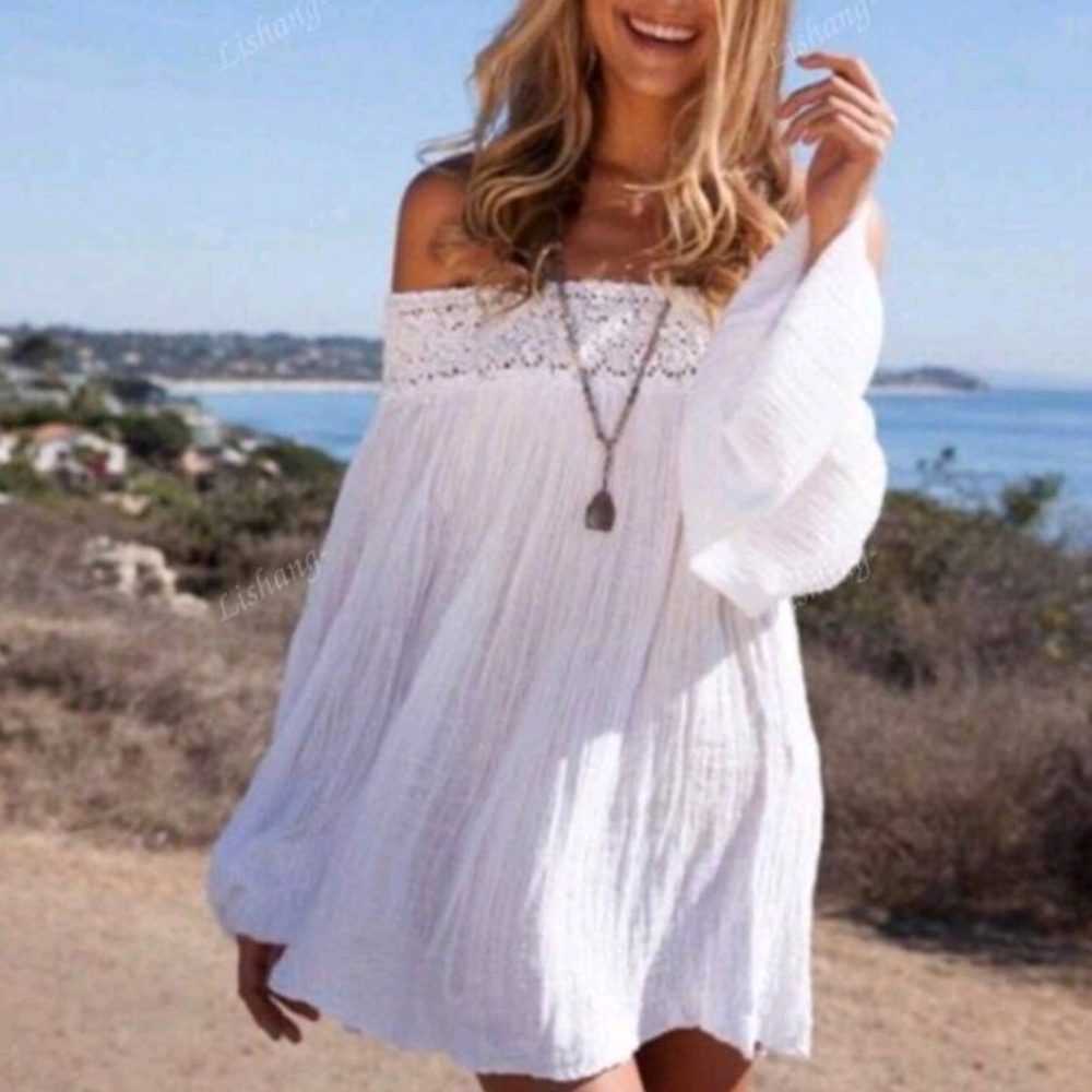 Casual Vacation Style Women's Lace Trim Off Shoulder Long Sleeve Blouse - Picture 3 of 5